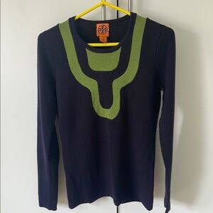 Tory Burch Black Sweater with Green Trim Crew Neck